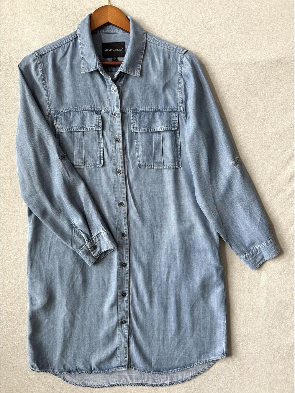 Velvet Heart Chambray Denim Shirt Dress Women Medium Blue Button Front Tencel
